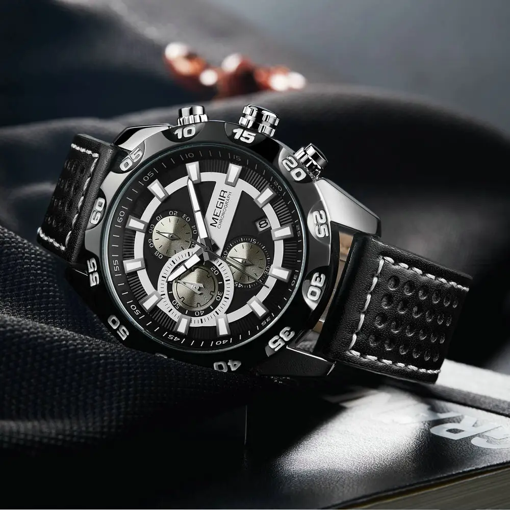 

MEGIR 2019 Top Brand Luxury Quartz Watch Men Luminous Hands Chronograph Leather Strap Sports Casual Wristwatches for Man Gift