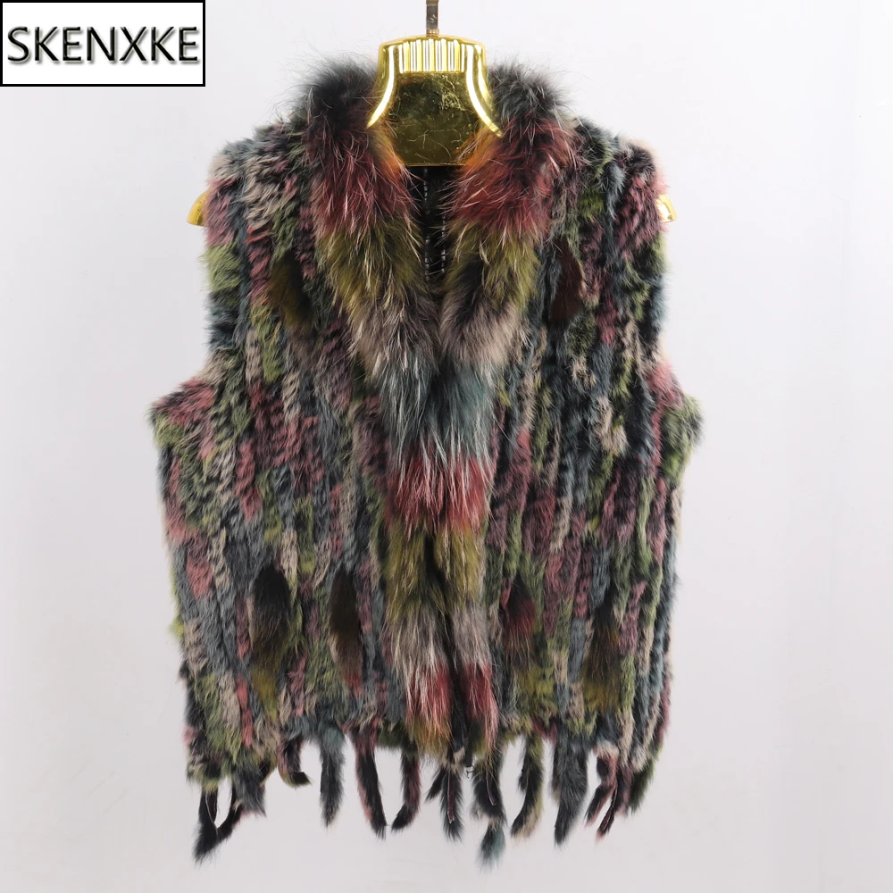 

Hot Sale Women Genuine Real Rabbit Fur Vest Casual Real Raccoon Fur Collar Gilet Lady Handmade Knitted Real Rabbit Fur Waistcoat