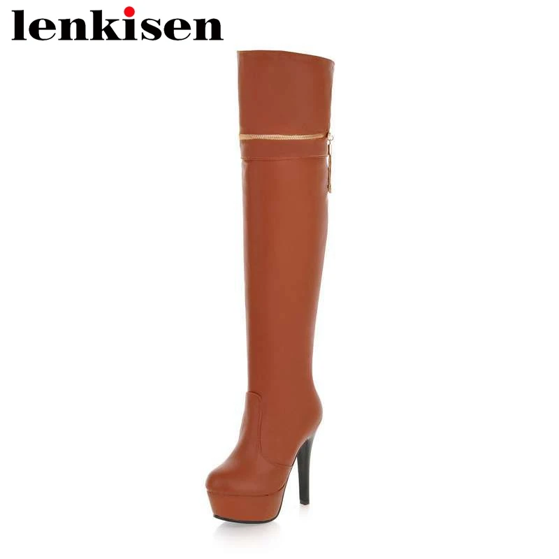 

Lenkisen zipper round toe thin super high heels pu solid large size queen style streetwear sexy women over-the-knee boots L0f5