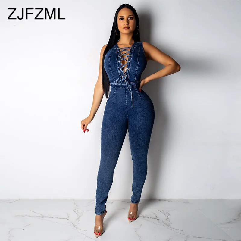 

Blue Lace Up Summer Denim Overalls For Women Summer Sleeveless Hollow Out Bodycon Jumpsuit Casual Back Zipper One Piece Romper