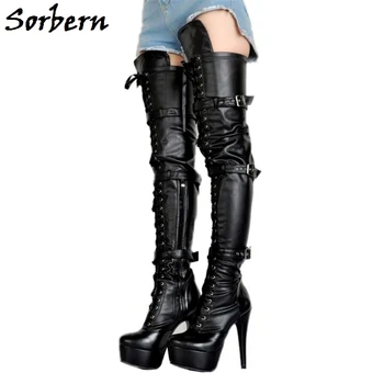 

Sorbern Multi Buckle Straps Boots Crotch Thigh High Women Shoes Black Platform Stilettos Custom Color Zipper Boots Big Size 10