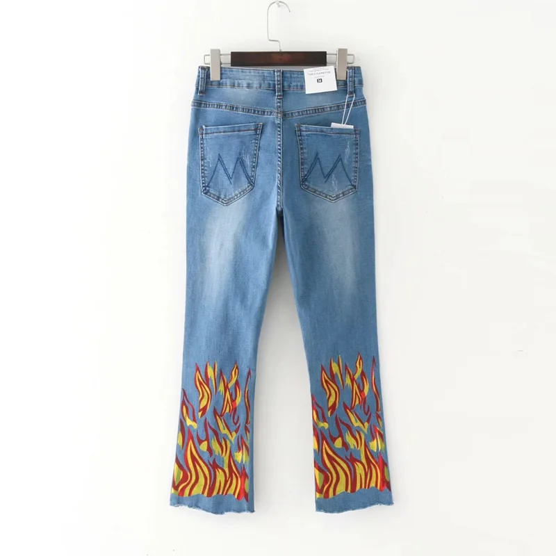 2017 new European and American fashion flame printed elastic waist horn jeans women 2017 new European and American fashion flame printed elastic waist horn jeans women