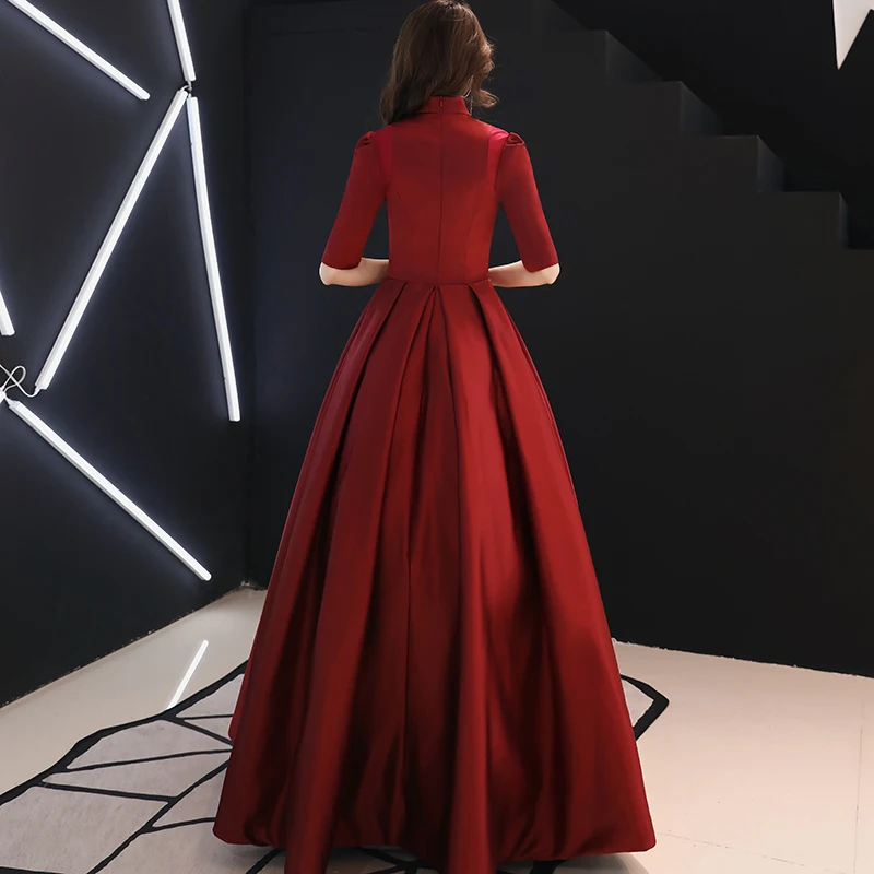 Elegant O-neck Ball Gown Evening Dresses Long 2019 Wine Red Satin Plus Size Muslim Formal Dresses For Women