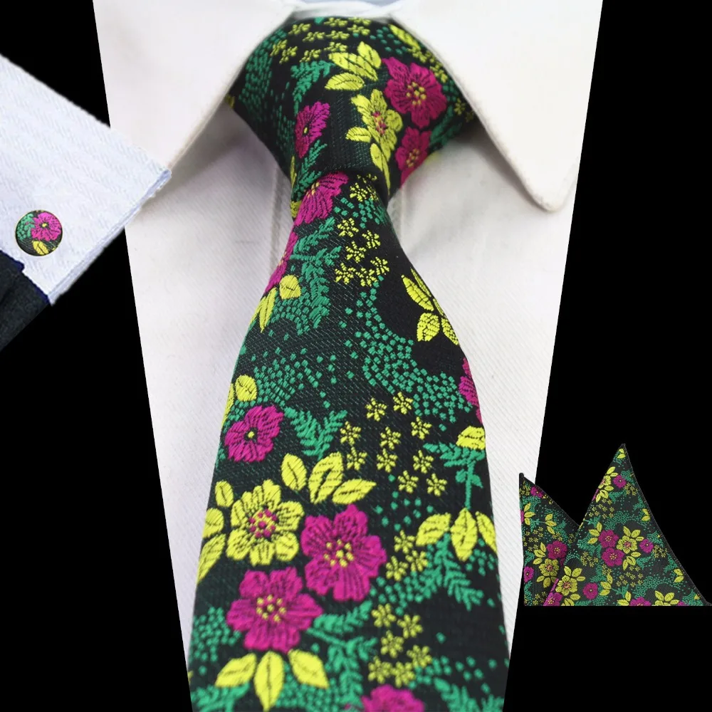 Mans Floral Tie 100% Silk Jacquard Necktie Handkerchief Cufflinks Wedding Tie Set For Men Formal Party