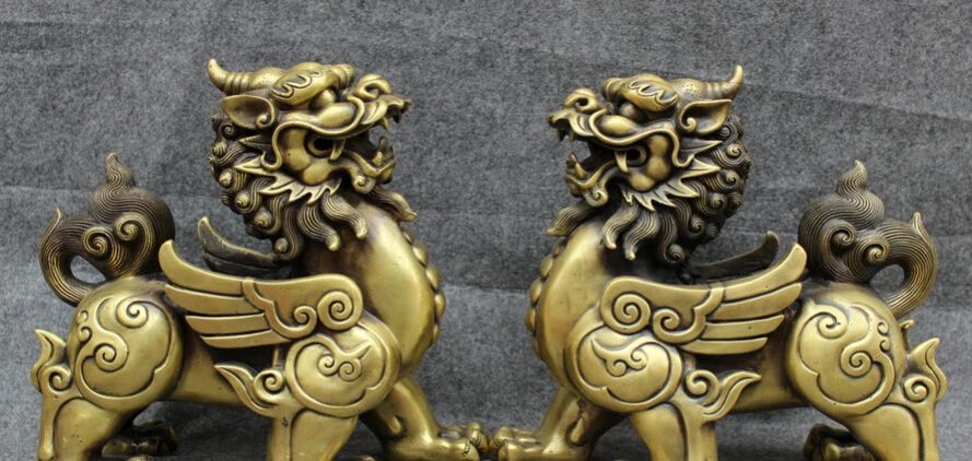 

S3562 10" Chinese Pure Bronze Wealth Unicorn Lion Set Dragon Kylin PiXiu Statue Pair D0318