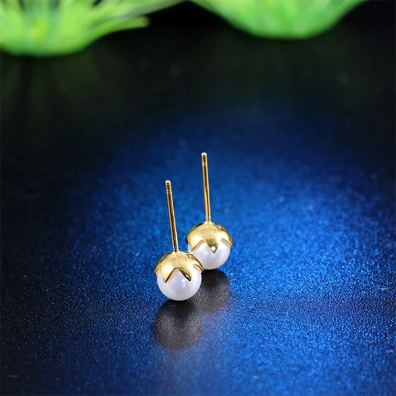 YWM 925 Sterling Silver Egg Shell Beads Golden Egg Pearl Stud Earrings Simple Earrings for Women Girls Fine Jewelry