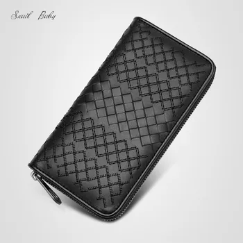 

new high quality genuine leather wallet purse woven zipper cowhide wallet bag Long design genuine leather cltch wallets