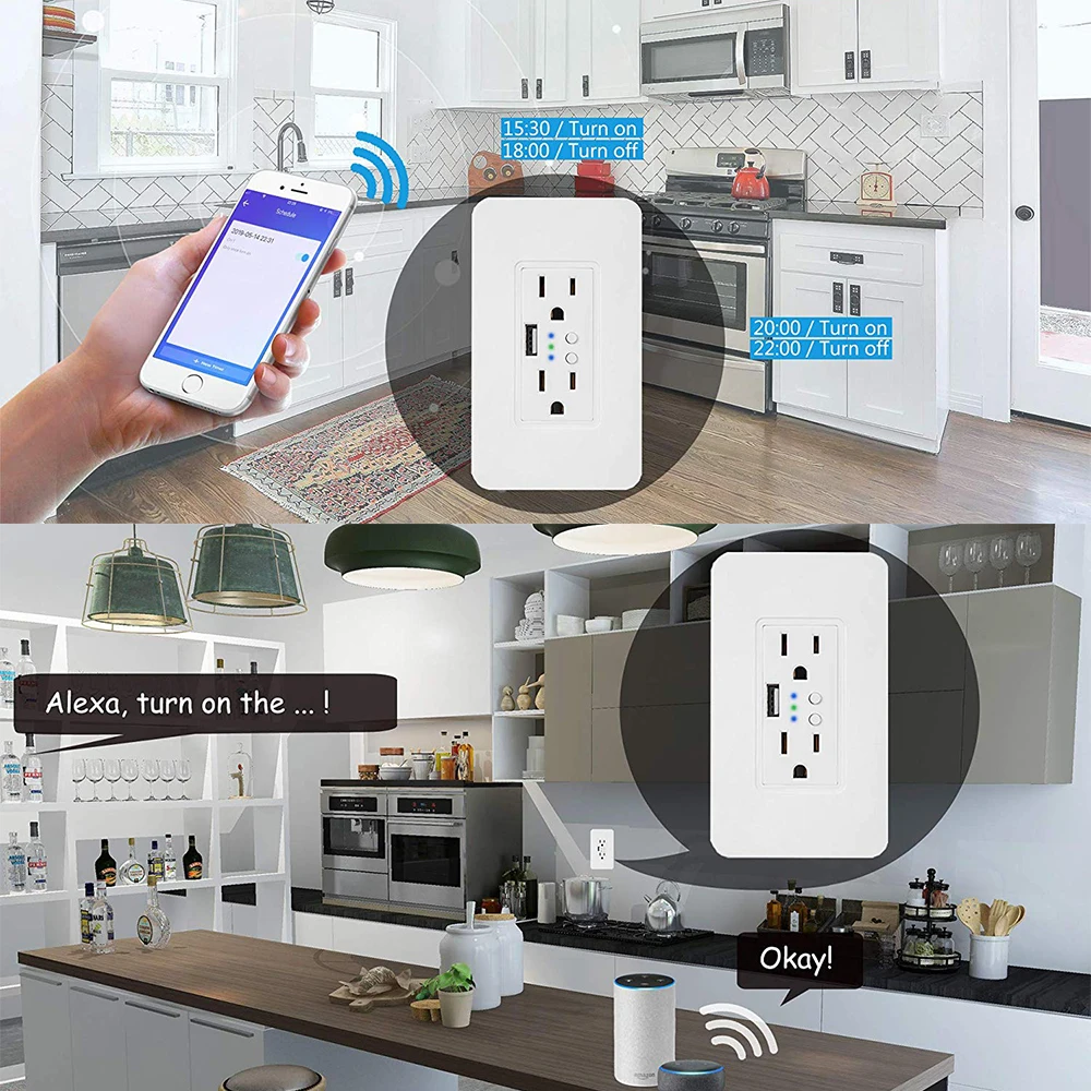 США Smart wi-fi-розетка дуплексный сосуд в-настенной розетке 2 отдельные розетки управления 5 В/2.4A USB порт приложение дистанционное управление IFTTT