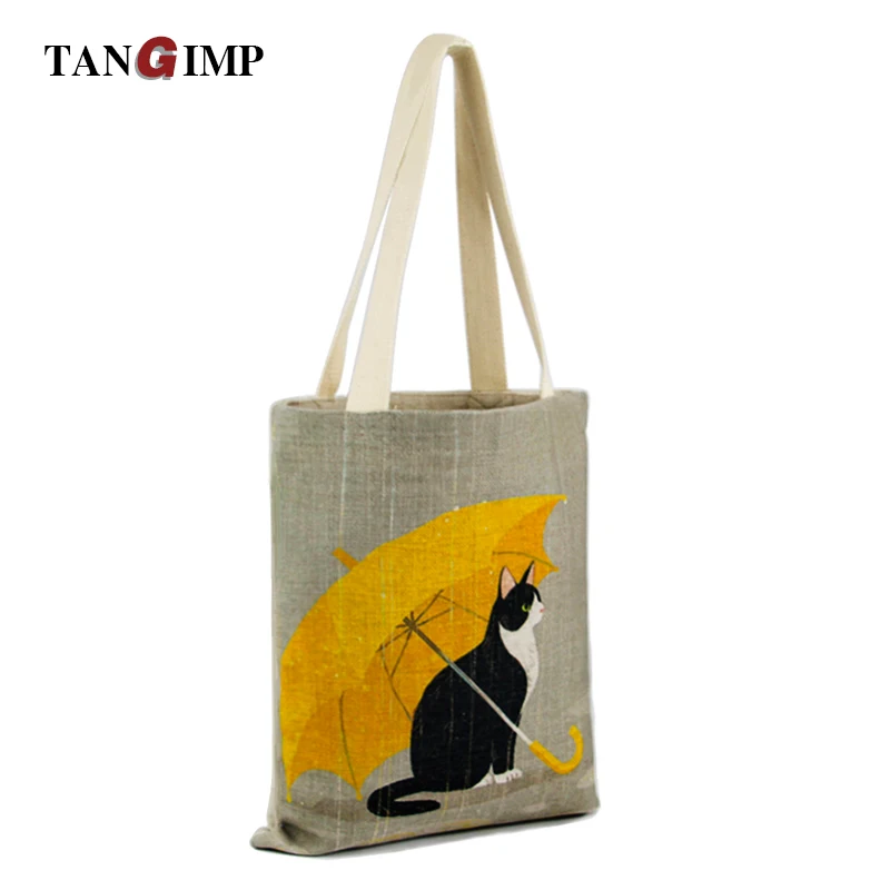 

TANGIMP Natural Cotton Handbags Cute Cat Umbrella Women Eco Shopping Tote Vintage Laptop Beach Casual Shoulder Bags 30*34cm