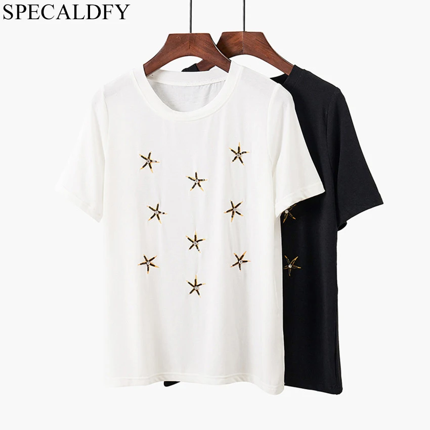

2019 Runway Beading Star TShirt Tops Summer T Shirt Women Short Sleeve Black White T-Shirt Harajuku Tee Shirt Femme Camiseta