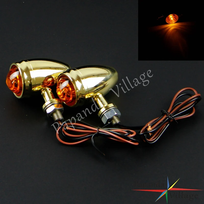 Brass Motorcycle 12V LED Turn Signals Indicator Lamp Amber Light 10mm