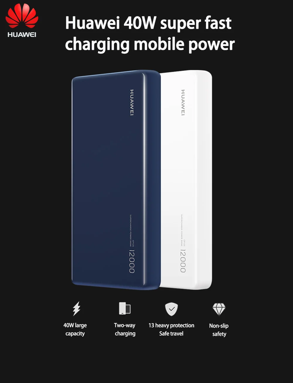 Huawei SuperCharge Мощность банка 12000 мА/ч, Макс 40W 10V 4A Тип-C двусторонней Быстрая зарядка для huawei Коврики 20 Pro RS Honor Magic 2