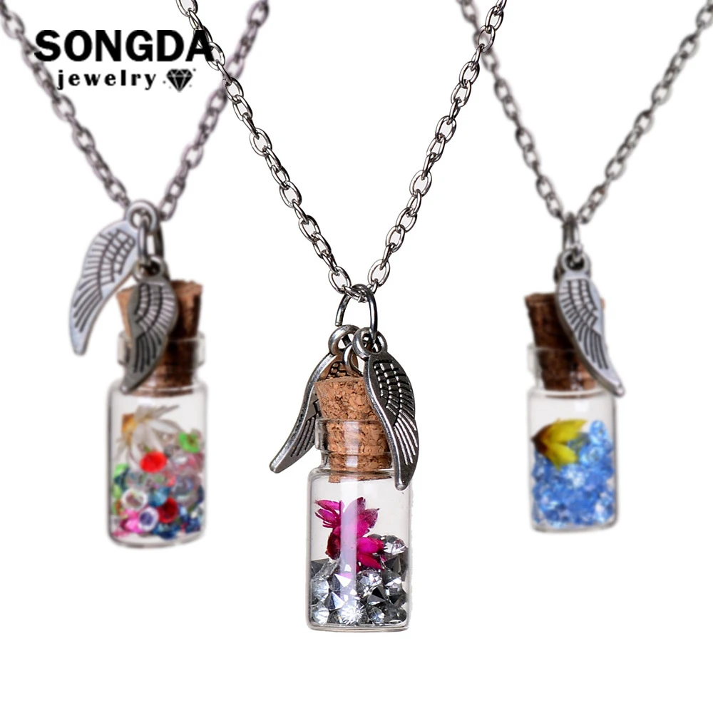

SONGDA Make A Wish Glass Vial Statement Necklace Natural Dried Flowers with Rhinestone In Wishing Bottle Long Necklace Jewelry