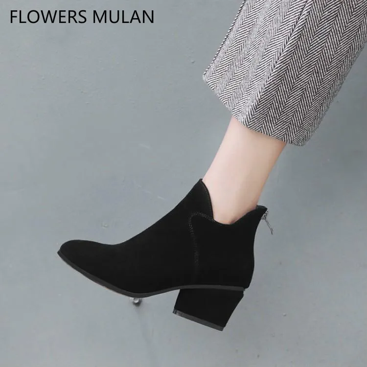 

Chic Sewing Upper Women Boots Black Suede Ladies Booties Round Toe Middle Spike Heel Winter Shoes Woman Side Zipper Botas Runway