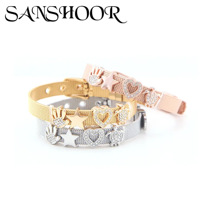SANSHOOR Stainless Steel Mesh Bracelet For Women Kids Teenagers shiny palm star heart turtle Charms Brands Bangle Jewelry Gifts | Украшения