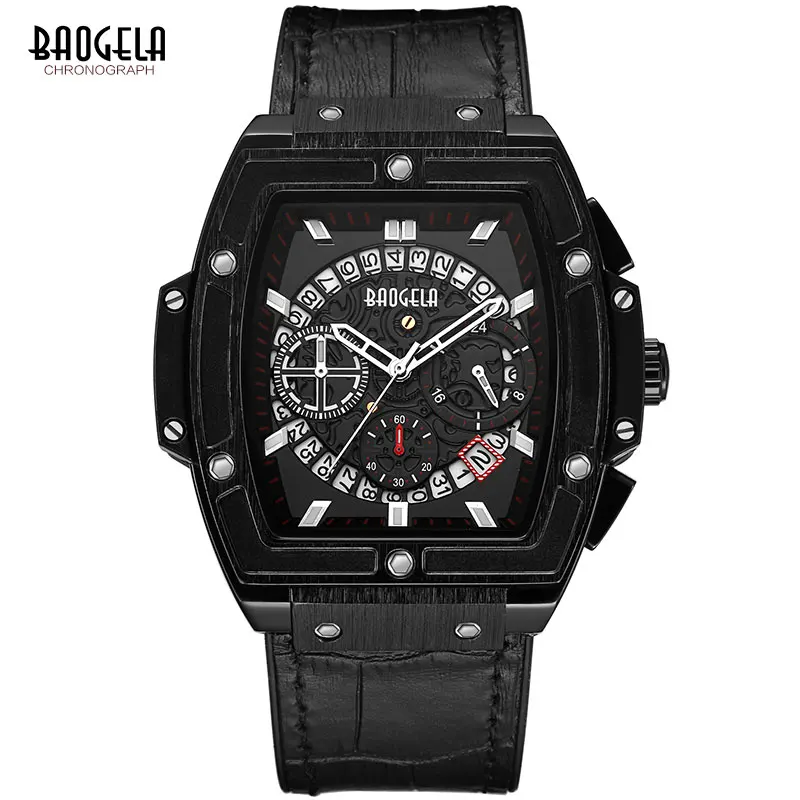 

BAOGELA Men's Sports Chronograph Quartz Watches Fashion Leather Strap 24-hour Display Army Wristwatch for Man 1703Black