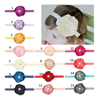 

15color Children Pearl Rhinestone Chiffon flower Headband Elastic Kids Head Bands Handmade Cotton For Girls hair bow Headband