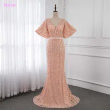 Robe De Soiree новые элегантные кружевные цветы Формальные Вечерние платья с длинным v-образным вырезом платье с жемчугом платье русалки YQLNNE