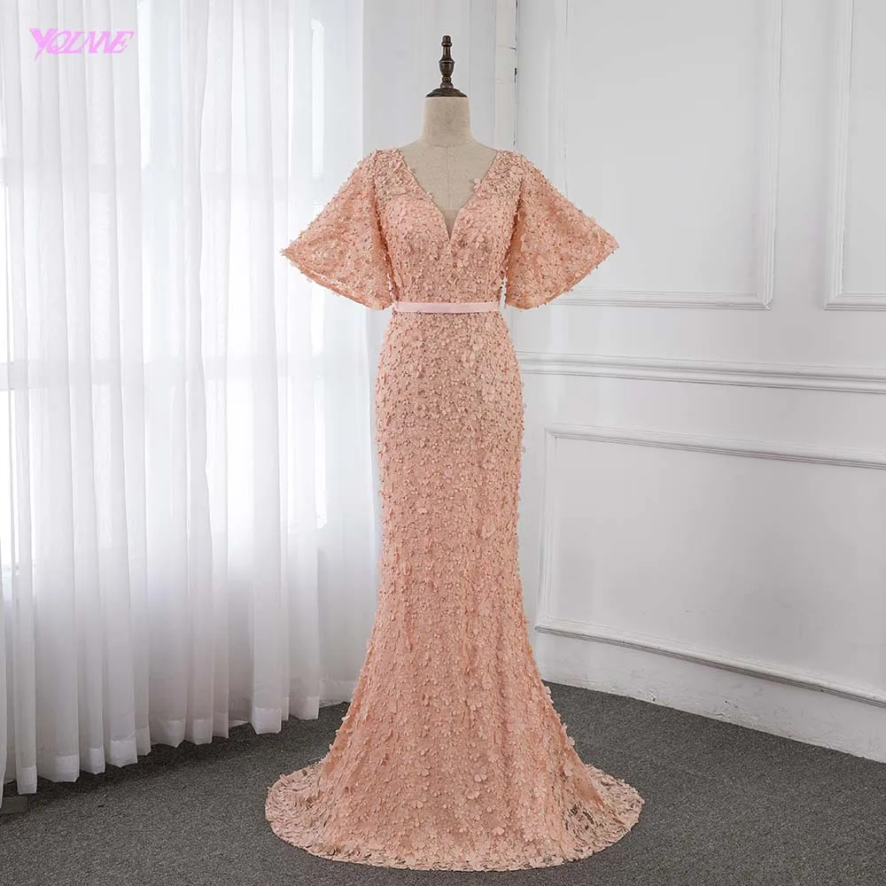 

Robe De Soiree New Elegant Lace Flowers Formal Evening Dresses Long V Neck Pearls Evening Gown Mermaid Dress YQLNNE