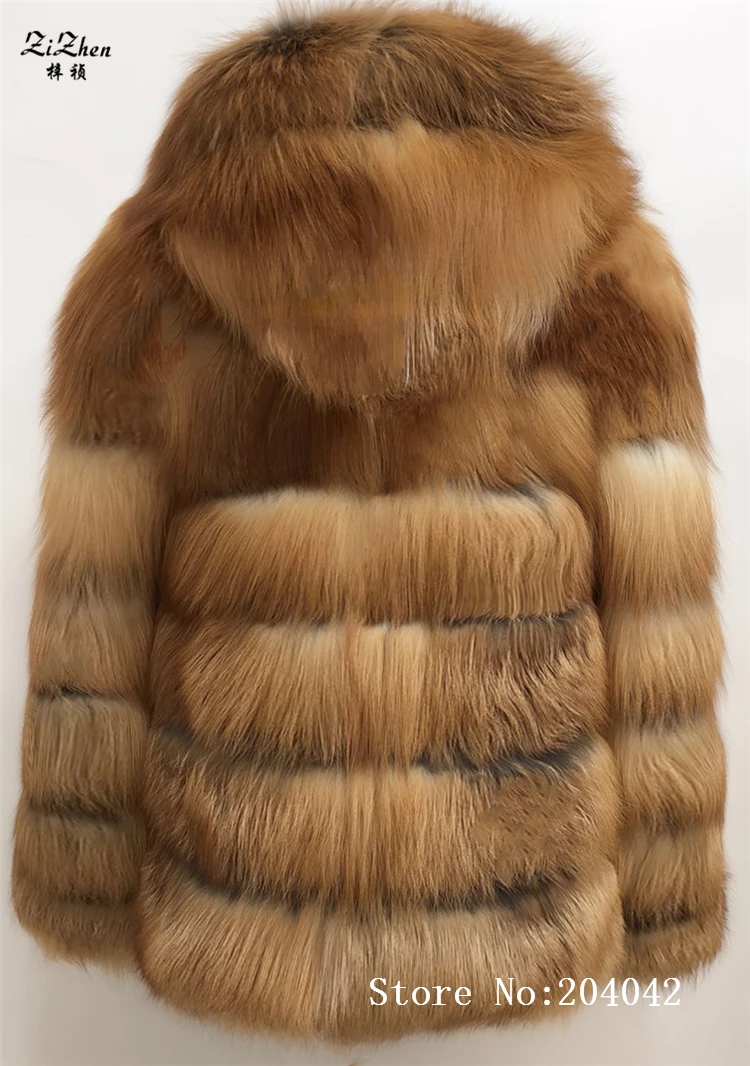 Женское пальто из натурального Лисьего меха, зимнее теплое пальто из натурального меха лисы, Женская куртка в полоску с меховым капюшоном 180625-2