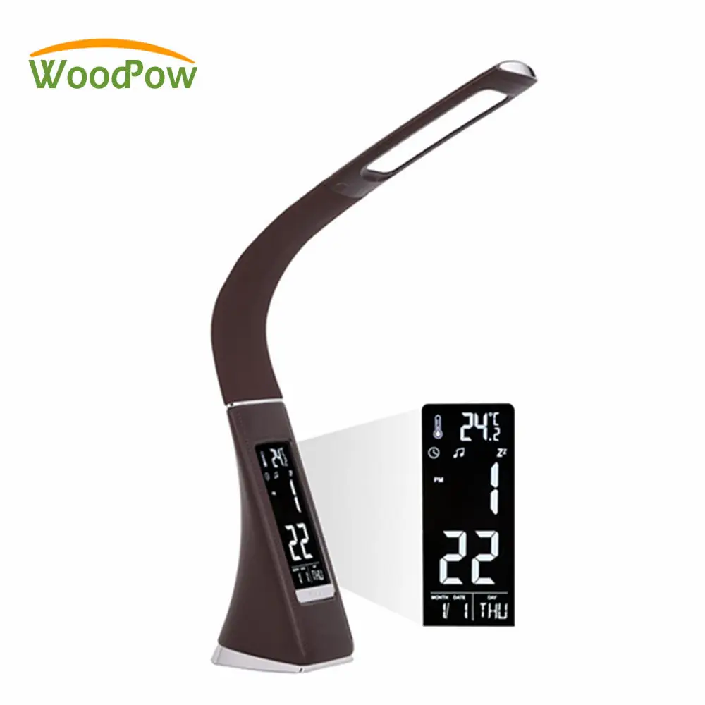 preço Textura de Couro de negócios LED Desk Lamp Toque Interruptor Regulável Relógio Display LCD de Iluminação Da Lâmpada de Mesa USB para o Office Leitura quarto