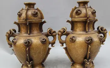

12" Marked China Dynasty Bronze Two-sided Sheep Statue Zun Bottle Vase Container