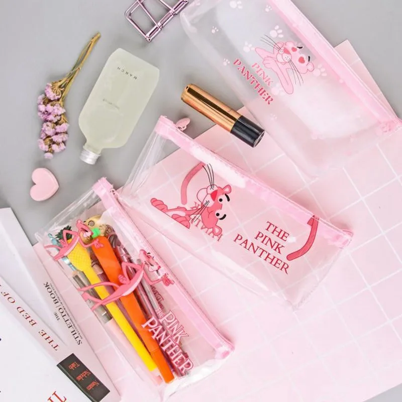Cartoon Pink Panther PU Cosmetic Bag Transparent Makeup Bag Storage Mini Zipper Toiletry Bath Pouch Beauty Case Kit