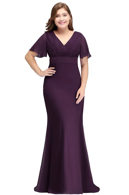 SALE Plus Size Long Red Evening Dresses Women Birthday Gift Mermaid Chiffon Party Robe Engagement Elegant V-neck Short Sleeves Grape