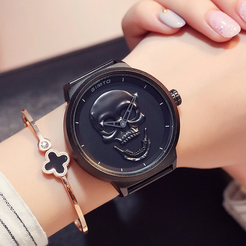 GIMTO женские часы с большим циферблатом и золотым черепом, роскошные брендовые стальные черные часы, женские водонепроницаемые часы, винтажные женские часы