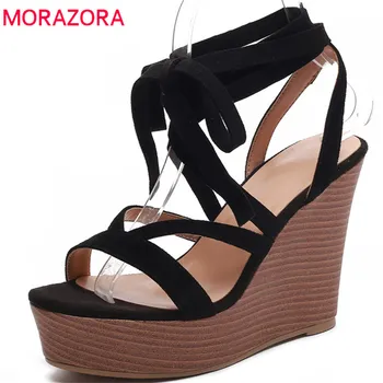 

MORAZORA 2020 hot sale women sandals sexy cross tied summer shoes simple solid party wedding shoes platform wedges shoes woman
