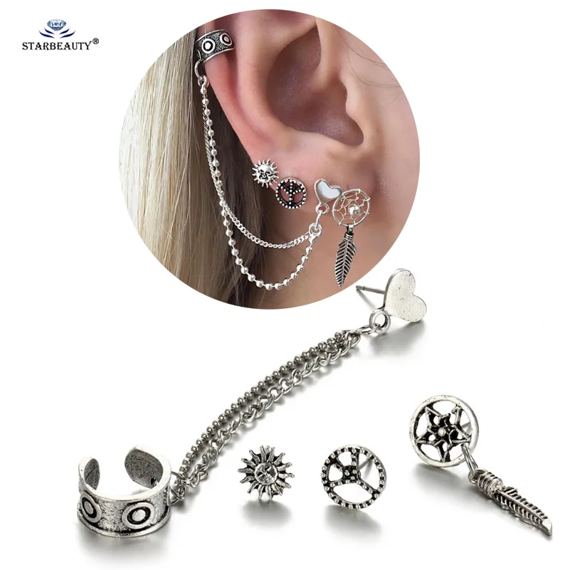 

Starbeauty 4pcs/lot Love Peace Star Long Chain Cuff Earrings Set Ear Piercing Helix Piercing Tragus Fake Nose Ring Body Jewelry