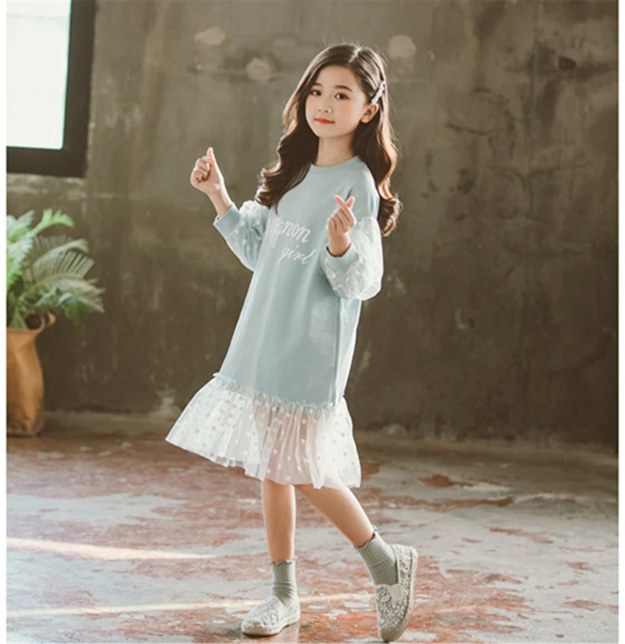 Г. От 6 до 11 лет; Детские Модные сетчатые платья с вышивкой для девочек; весенне-осеннее хлопковое кружевное платье в Корейском стиле для маленьких девочек - Цвет: Небесно-голубой