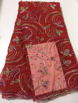 

African French Beaded Lace Fabric 2019 High Quality Lace RED Lace Fabric Nigerian Tulle Mesh Lace Fabrics for Wedding YYZ262