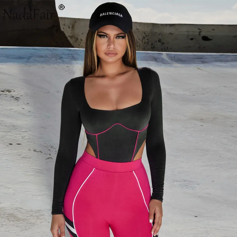 

Nadafair Women Long Sleeve Bodysuit 2019 Autumn Square Collar Skinny Sexy Bodysuit Romper Winter Casual Body Tops Female