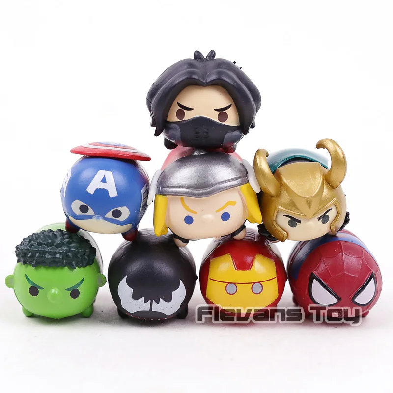 Marvel the Avengers 8pcsset Kawaii Tiny Tsum Tsum Mini Spider man Iron Man Hulk Captain America Loki PVC Avengers Figure Toys