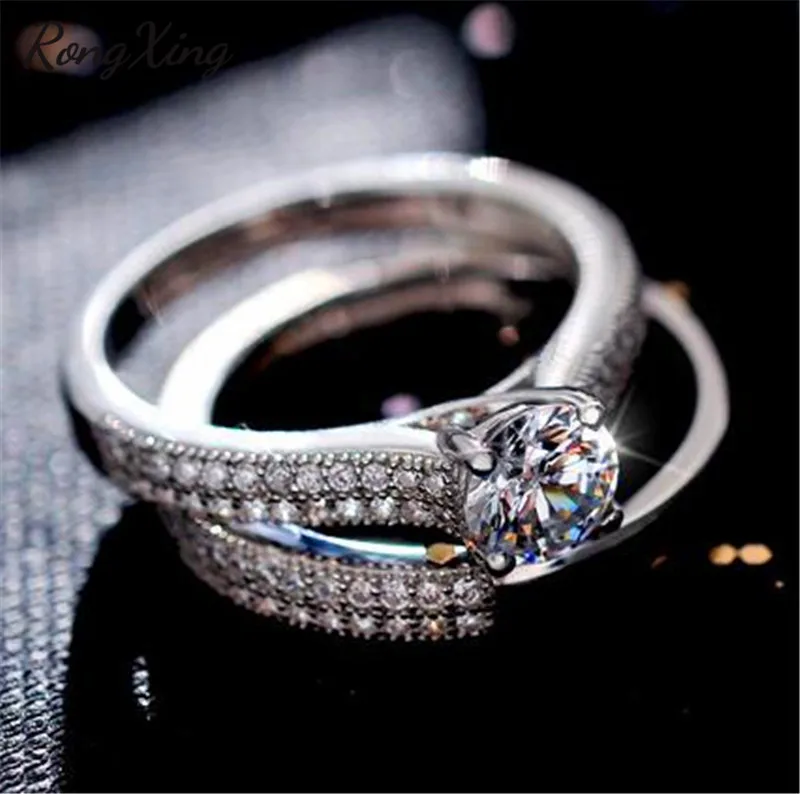 RongXing розовое золото/серебро Обручение набор колец для Для женщин 925 пробы серебро Белый AAA циркон двойные кольца пару свадебные украшения