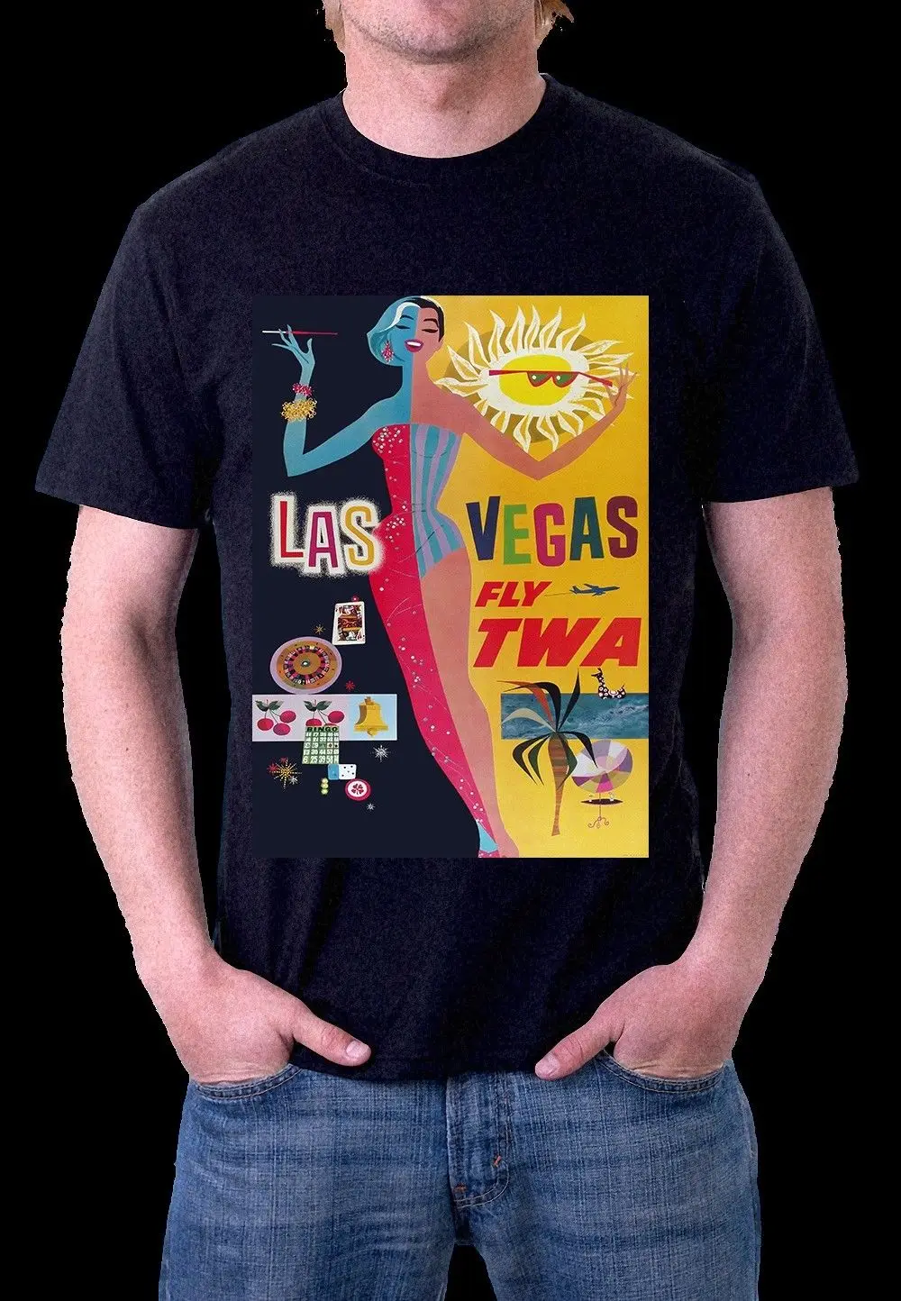 LAS VEGAS VINTAGE ART TWA Black T Shirt S 3XL Funny Clothing Casual