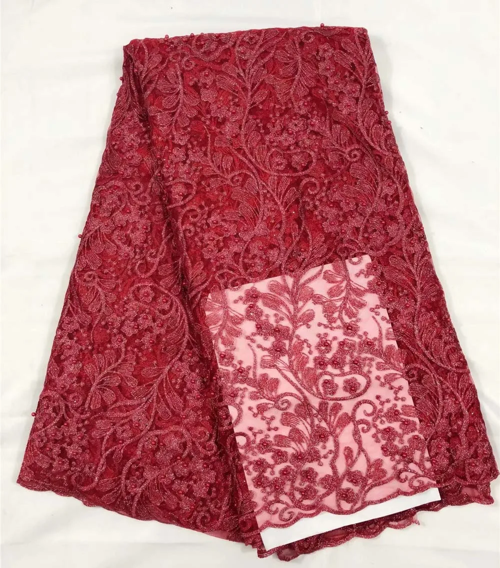 

African Lace Fabric red Color African Voile French Lace Fabric With bead 5 Yards Per Lot For Wedding Dress Lace