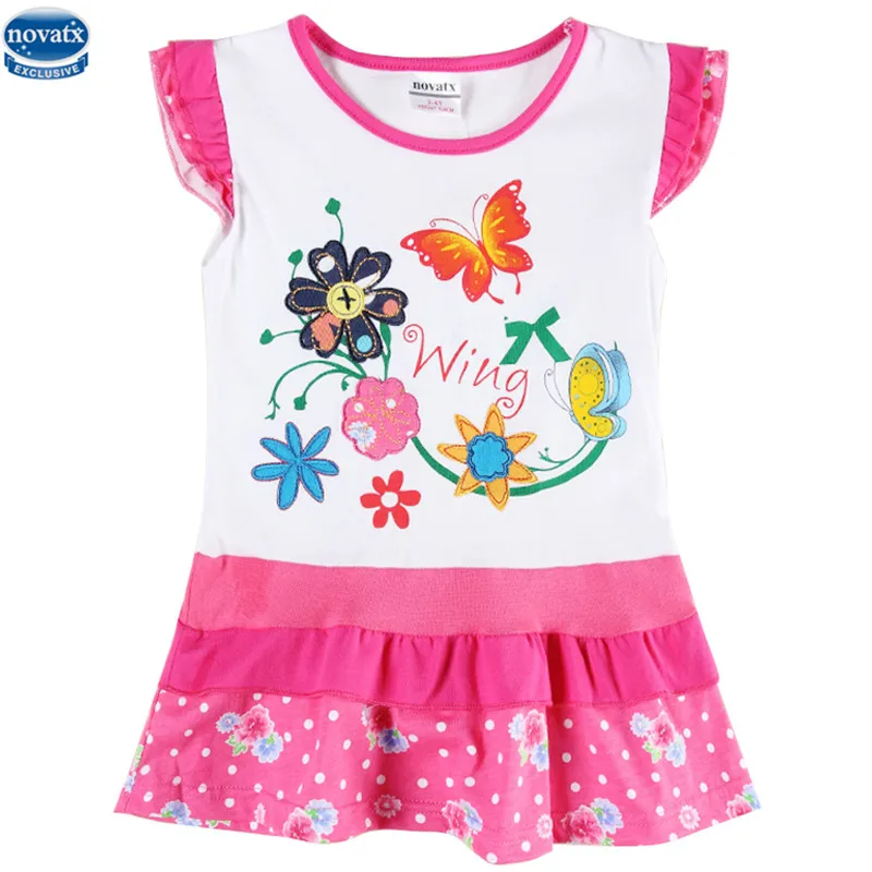 

novatx H6372 retail kids wear baby girl clothing summer short sleeve floral butterfly frock girl dress kids children clothes