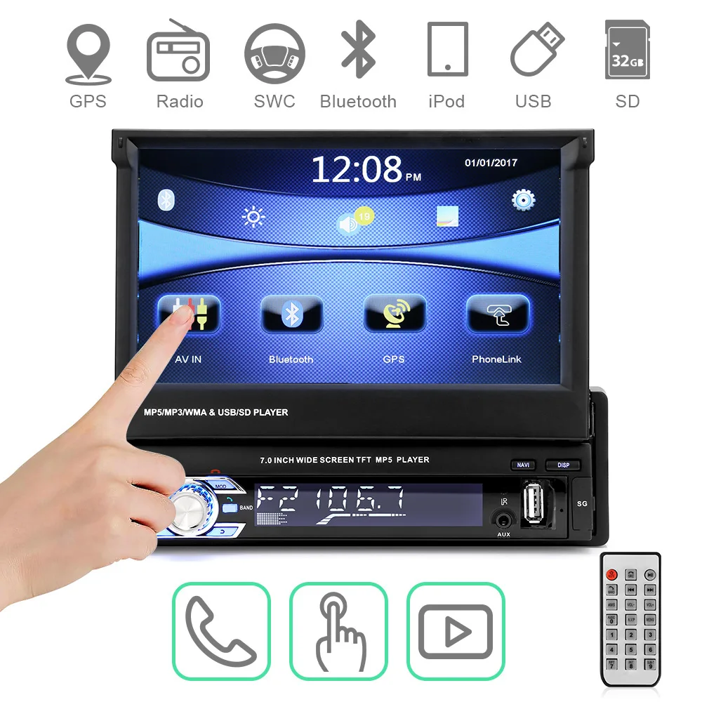 1 Din 7 inch 12V GPS Car Radio Stereo Bluetooth FM Radio MP5 Audio Player Phone USB/TF Radio In-Dash Touch Screen GPS Car Radio