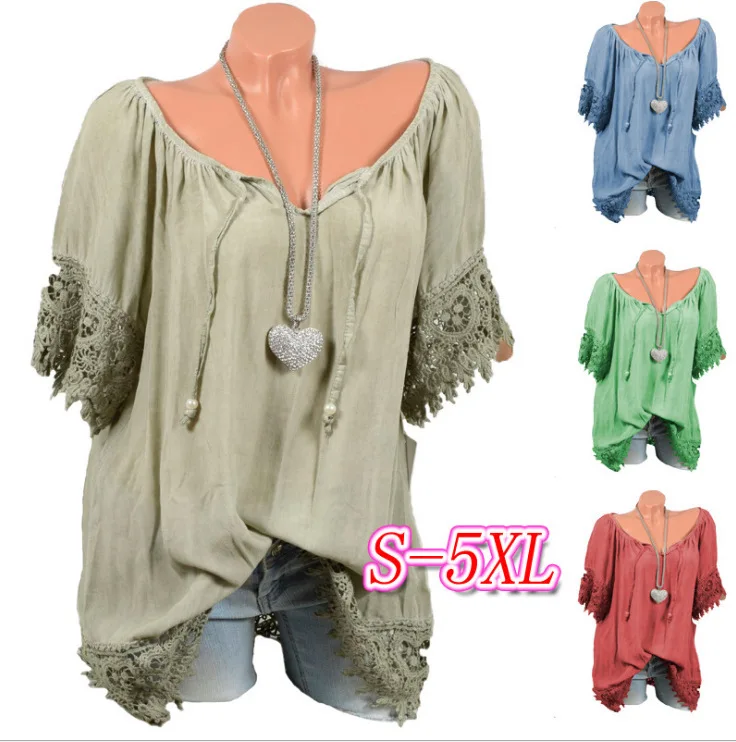 

2019 Europe and the United States summer new word collar lace stitching large size short-sleeved T-shirt women's shirt S-5XL