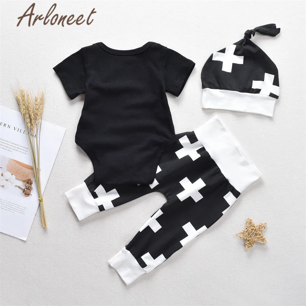 ARLONEET clothes newborn baby Girls bodysuit jumpsuit short Letter print boys girls cotton pants hat 3pcs infant girls outfits