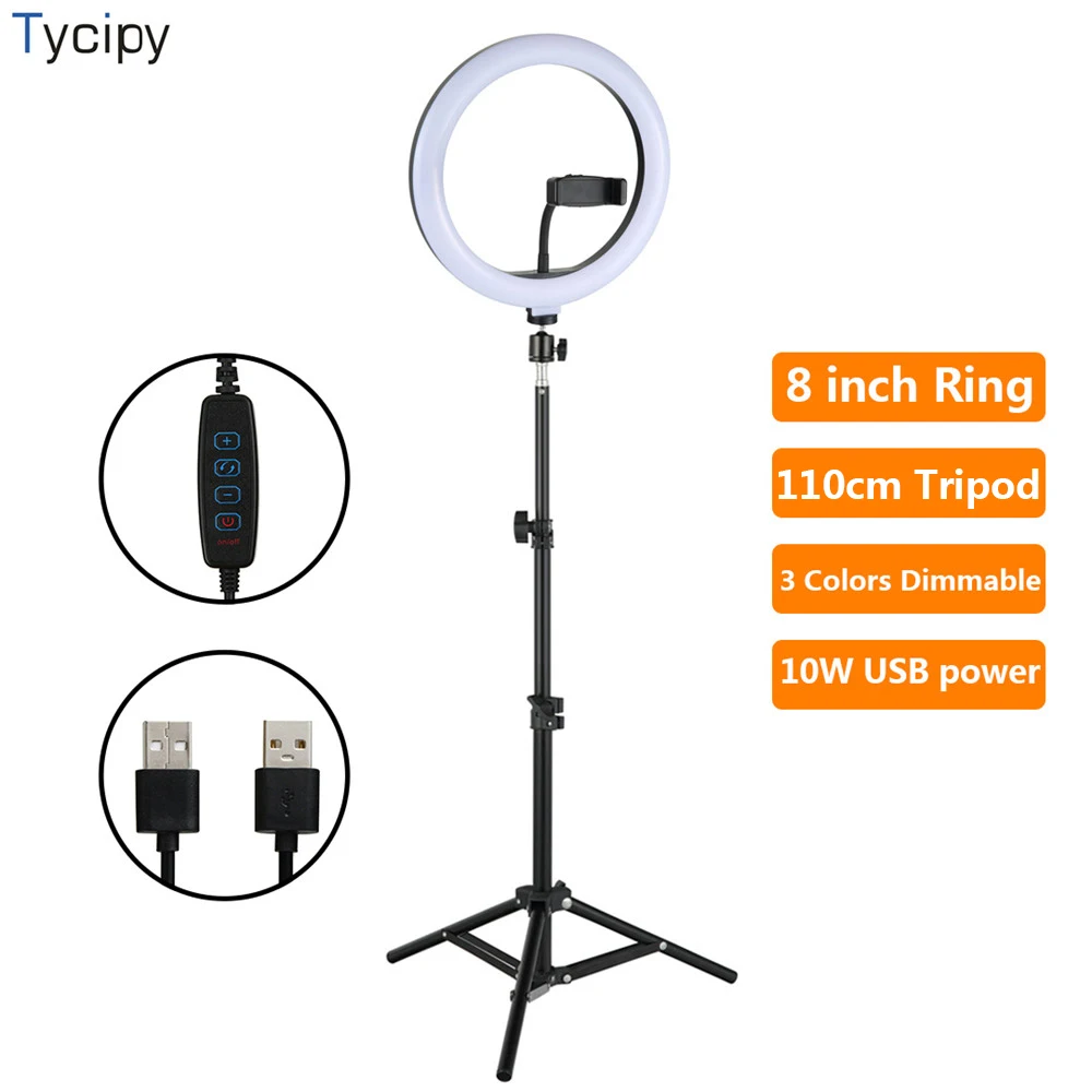 

Tycipy 10inch Ring Light LED Photographic Studio Dimmable Ringlight Phone Holder Lighting 1.1m Tripod for iPhone Huawei Xiaomi