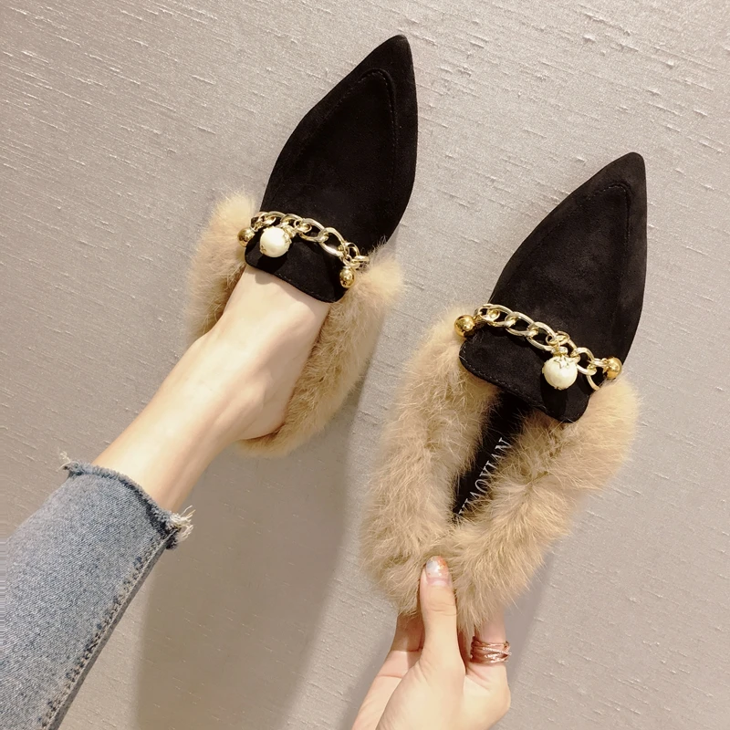 

designer shoes women luxury 2018 fur shoes woman metal chain pearl ladies loafers women black brown flats tenis feminino casual