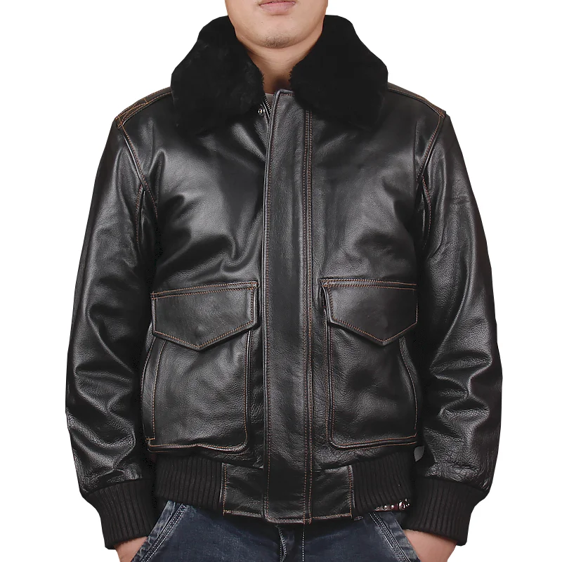 

HARLEY DAMSON Black Men USAF Military A2 Pilot Leather Jacket Europe Size XXL Genuine Thick Cowhide Aviator Leather Coat