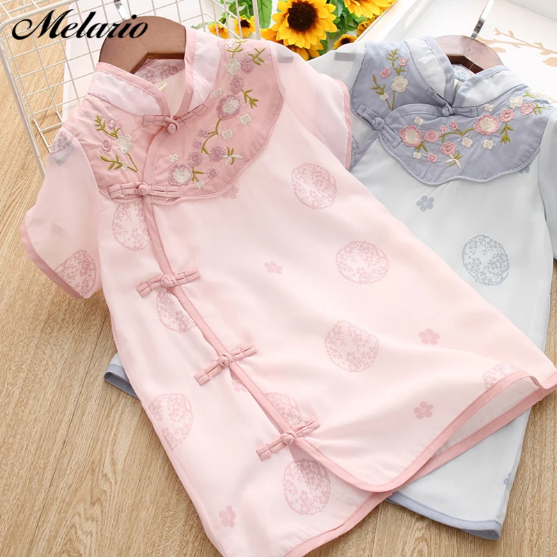 

Melario Girls Dresses 2019 New Summer Stand Collar Buckle Crossbody Flower Embroidery Children's Dress Kids Dresses For Girls