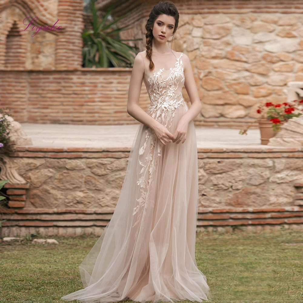 

Liyuke A-line Evening Dress Lace Appliques Pattern Scoop Neck Backless Sleeveless Evening Gown Floor Length
