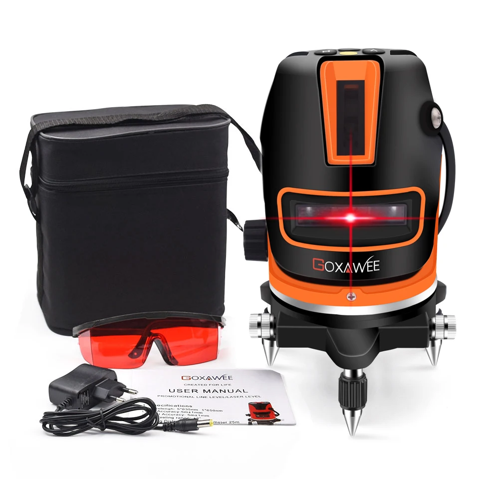 

GOXAWEE Laser Level 5 Lines 6 Points Rotary Cross Line 360 Degree Self-Levelling Outdoor Mode Measuring Laser Construction Tools