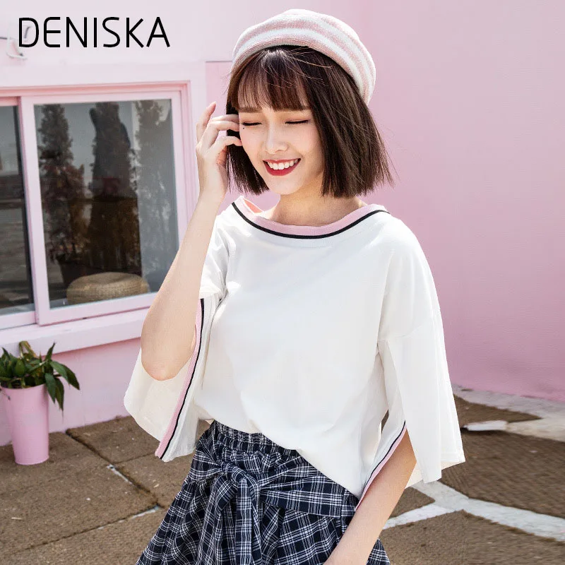 DENISKA 2018 Harajuku Летом Моды Хит Цвет Женские Футболки Свободные О-Образным Вырезом