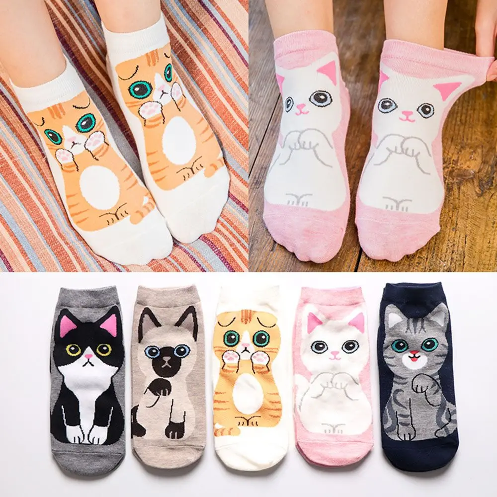 

1 Pair Cute Autumn Summer Women Cotton Socks Cartoon Cat Kitten Low Cut Breathable Socks